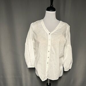 White eyelet summer blouse with lantern sleeves by JJill. Small